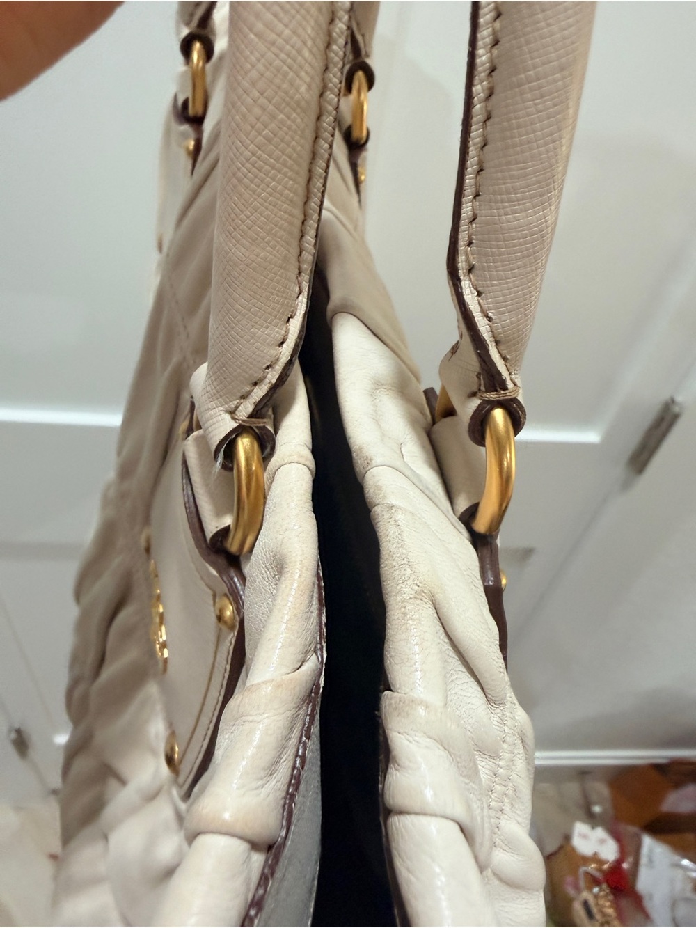 PRADA Gaufre Tote Bag Beige Lambskin Leather | Gold Hardware | VERY GOOD ❣️ - Picture 15 of 17